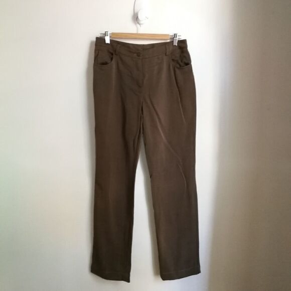 𝅺AKRIS Dark Beige / Green Wool Straigth Classic Trouser Pants Size Large - Picture 2 of 12